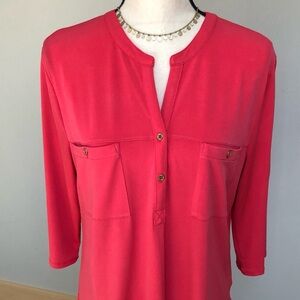 Ellen Tracy Deep Coral Flattering Two Pocket Top Blouse Size Large